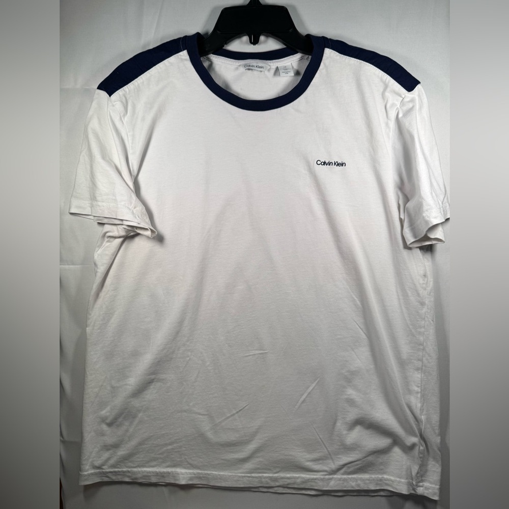 Calvin Klein White Tee with Navy Trim and Shoulder Panels